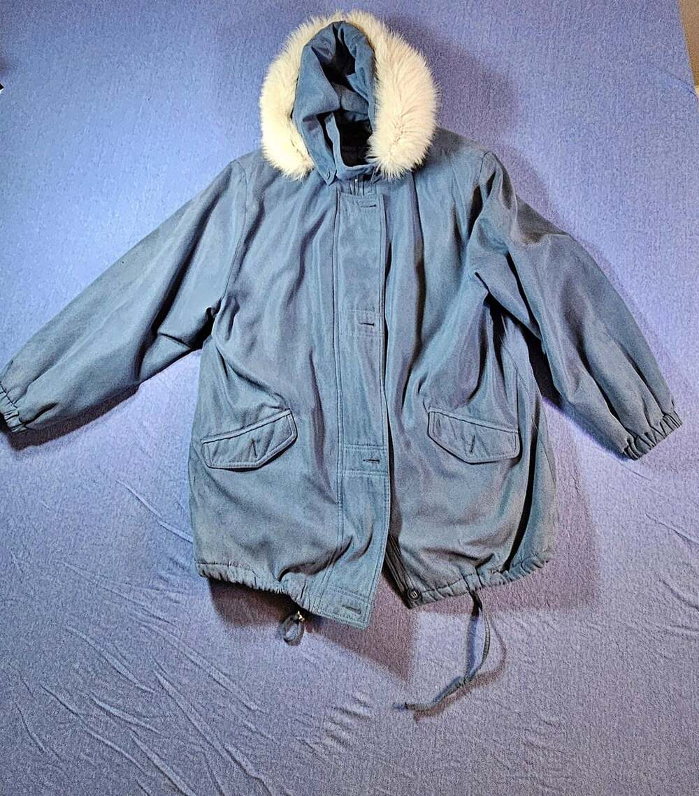 New York Classics Blue Hooded Parka Jacket with Faux Fur Trim and Drawstring